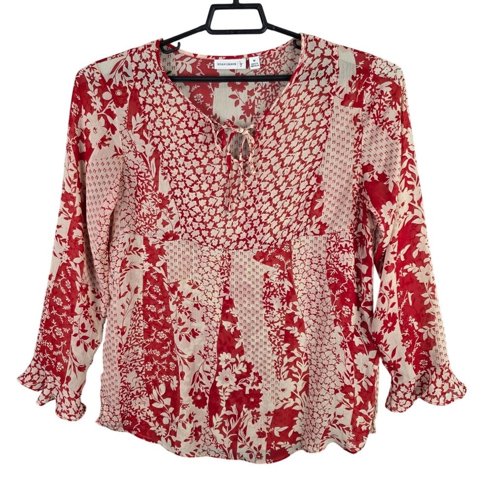 Womens Susan Graver Red & Beige Floral Sheer Blouse Keyhole Tie Long Sleeve M